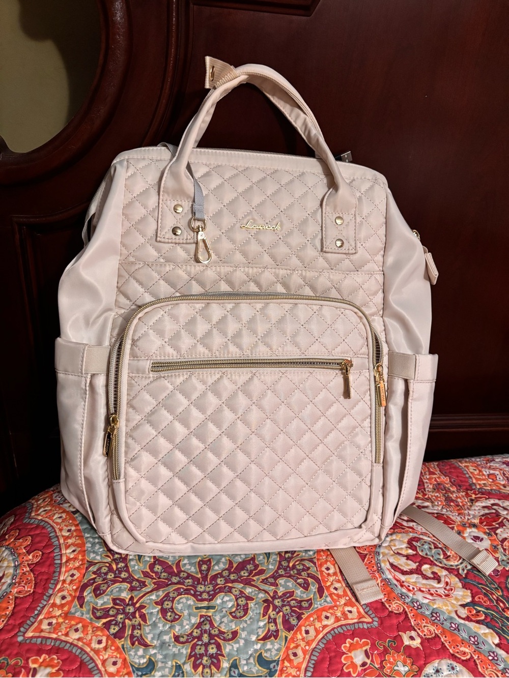 Quilted Light Cream Women's Backpack with Gold Hardware